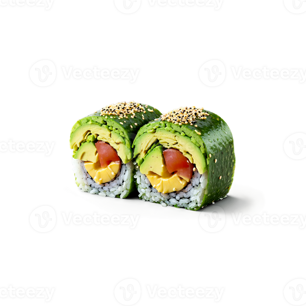 Avocado sushi roll vibrant green and tightly wrapped slicing apart with sesame seeds falling Food png