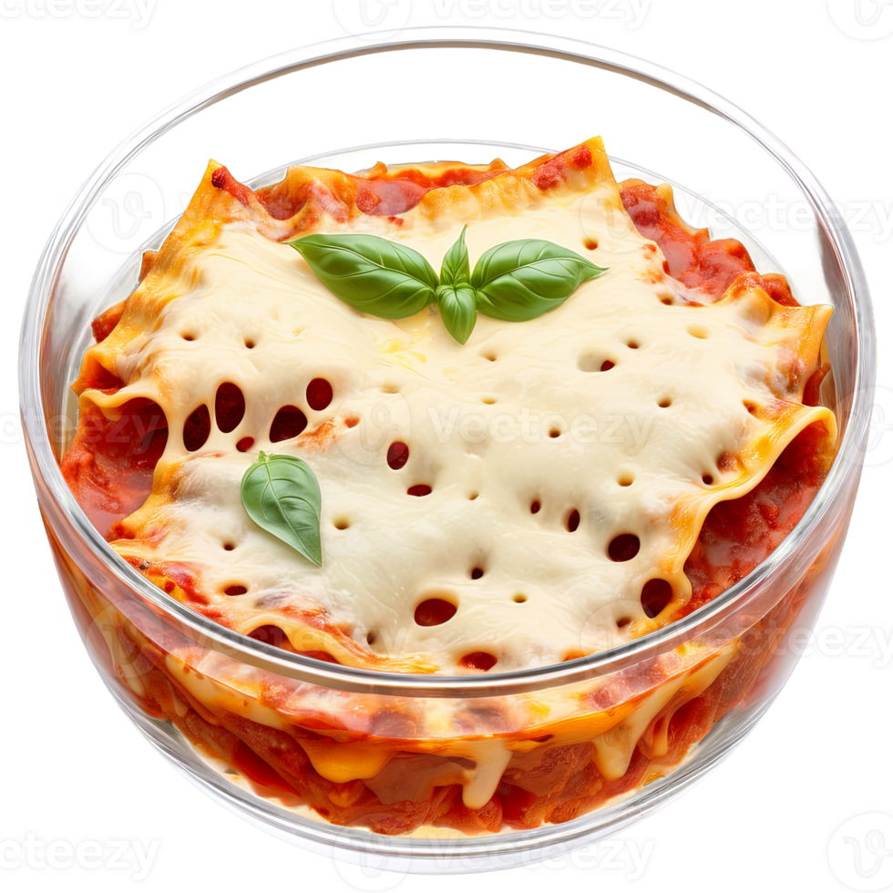 A comforting and hearty lasagna in a tall, slender glass bowl, garnished with melted cheese and fresh bas png