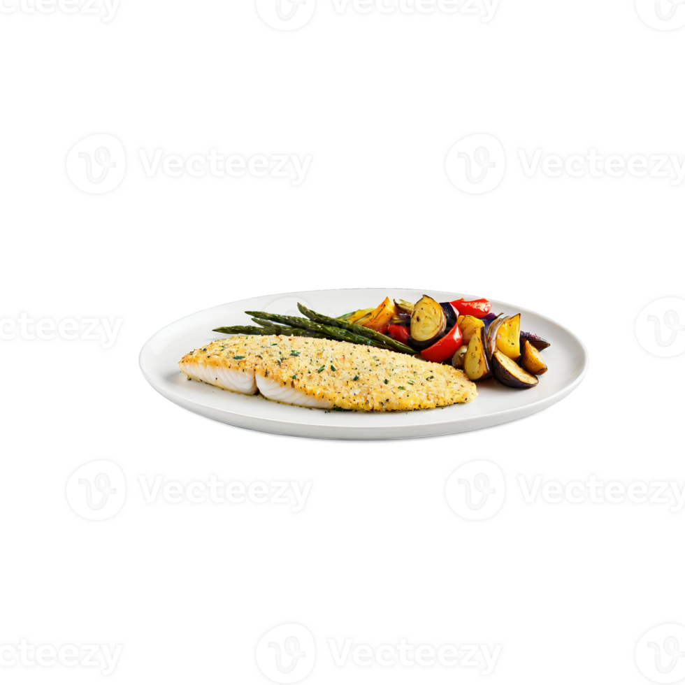 Tilapia fillet baked with a parmesan herb crust served with a side of roasted vegetables png