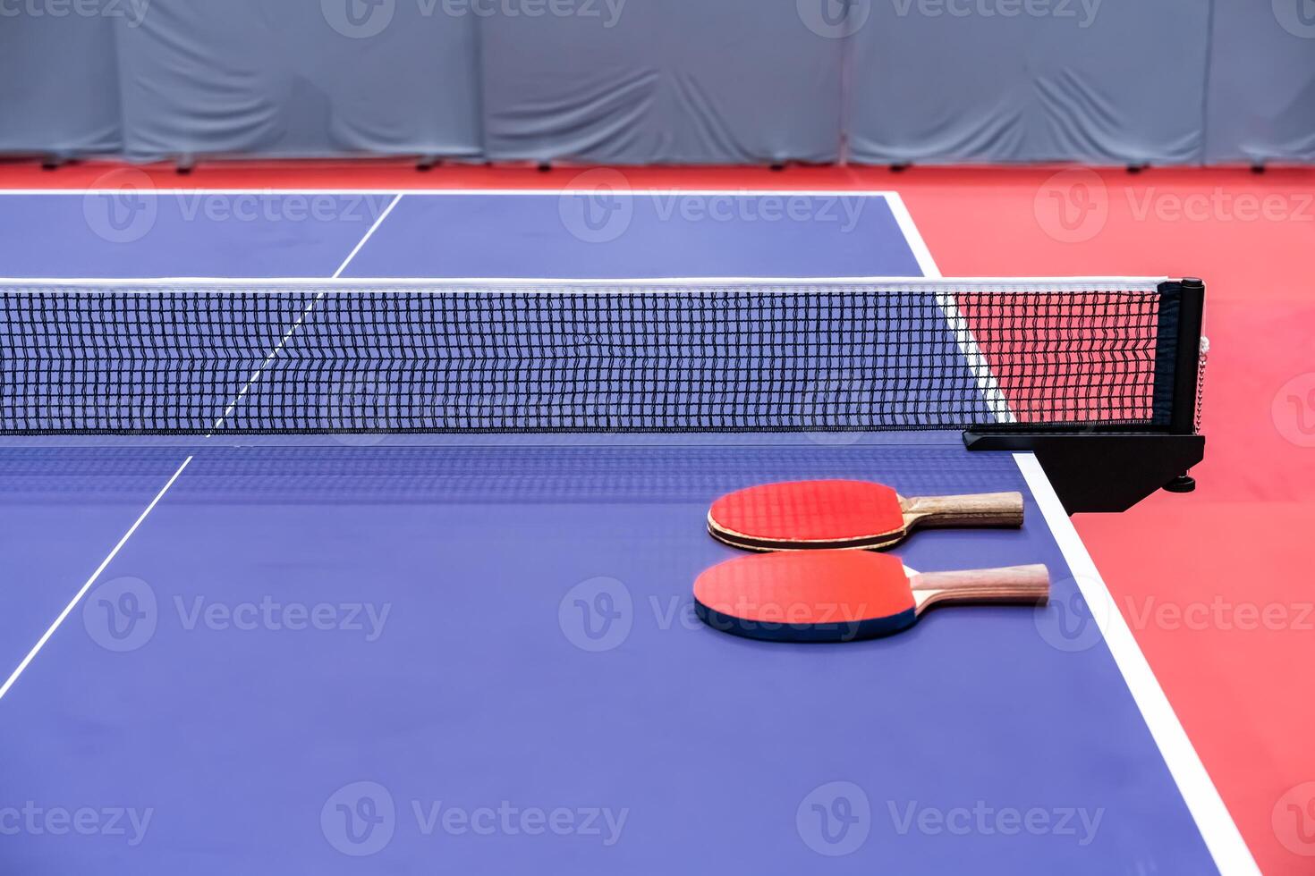 Two pingpong table tennis rackets for playing are laid on next to net on the blue table. This is one of ping pong sports equipment for players. photo