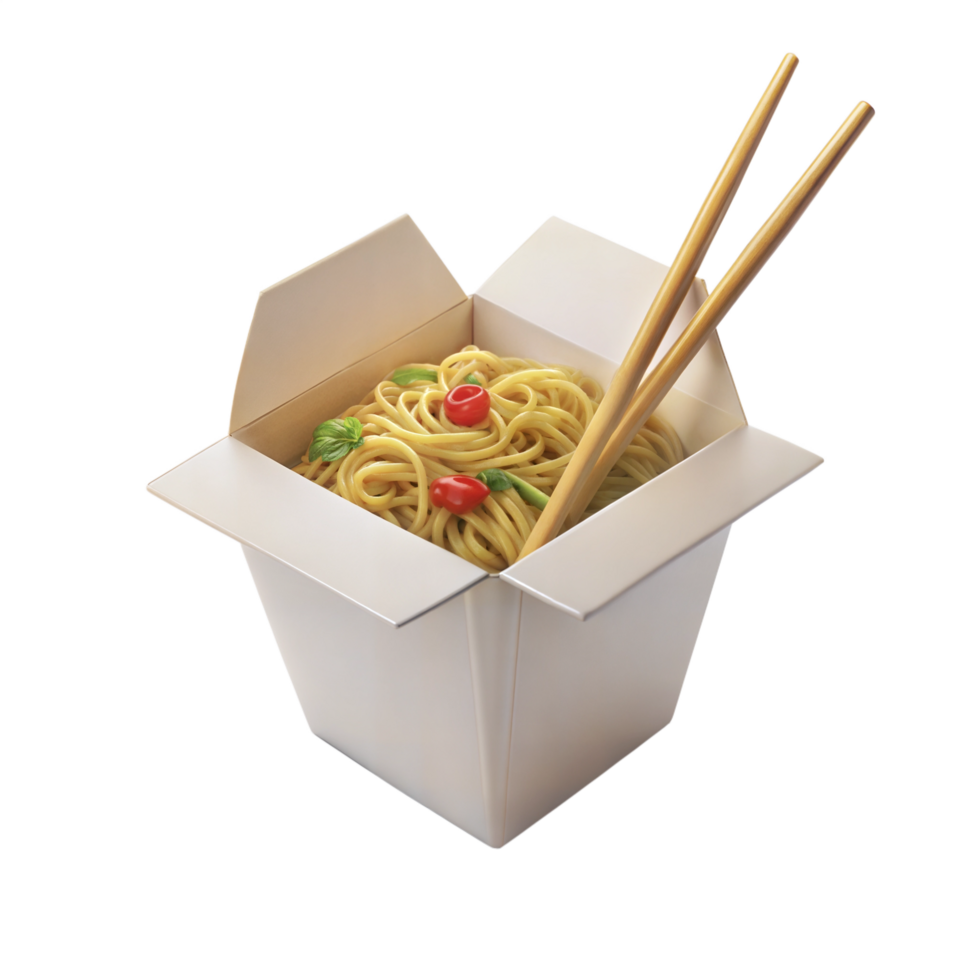 Takeout box filled with noodles and chopsticks on a transparent background png