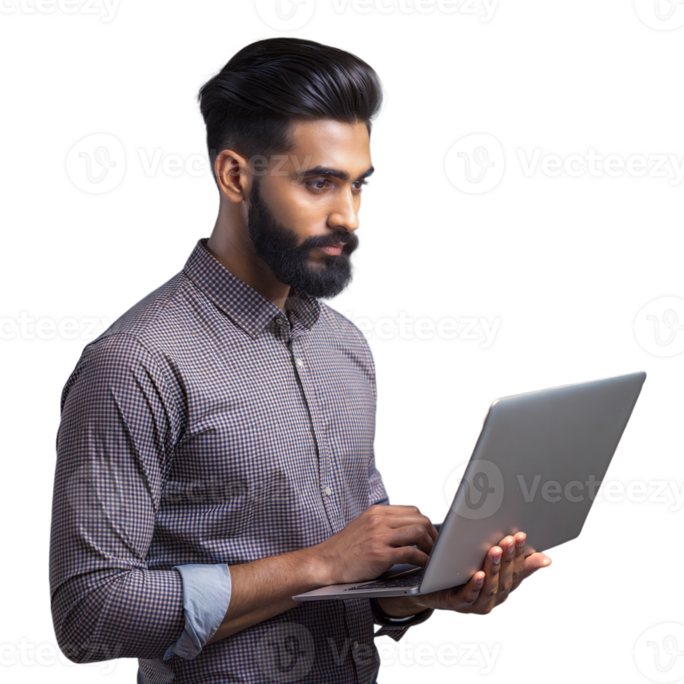 Bearded man in a striped shirt working on a laptop on transparent background png