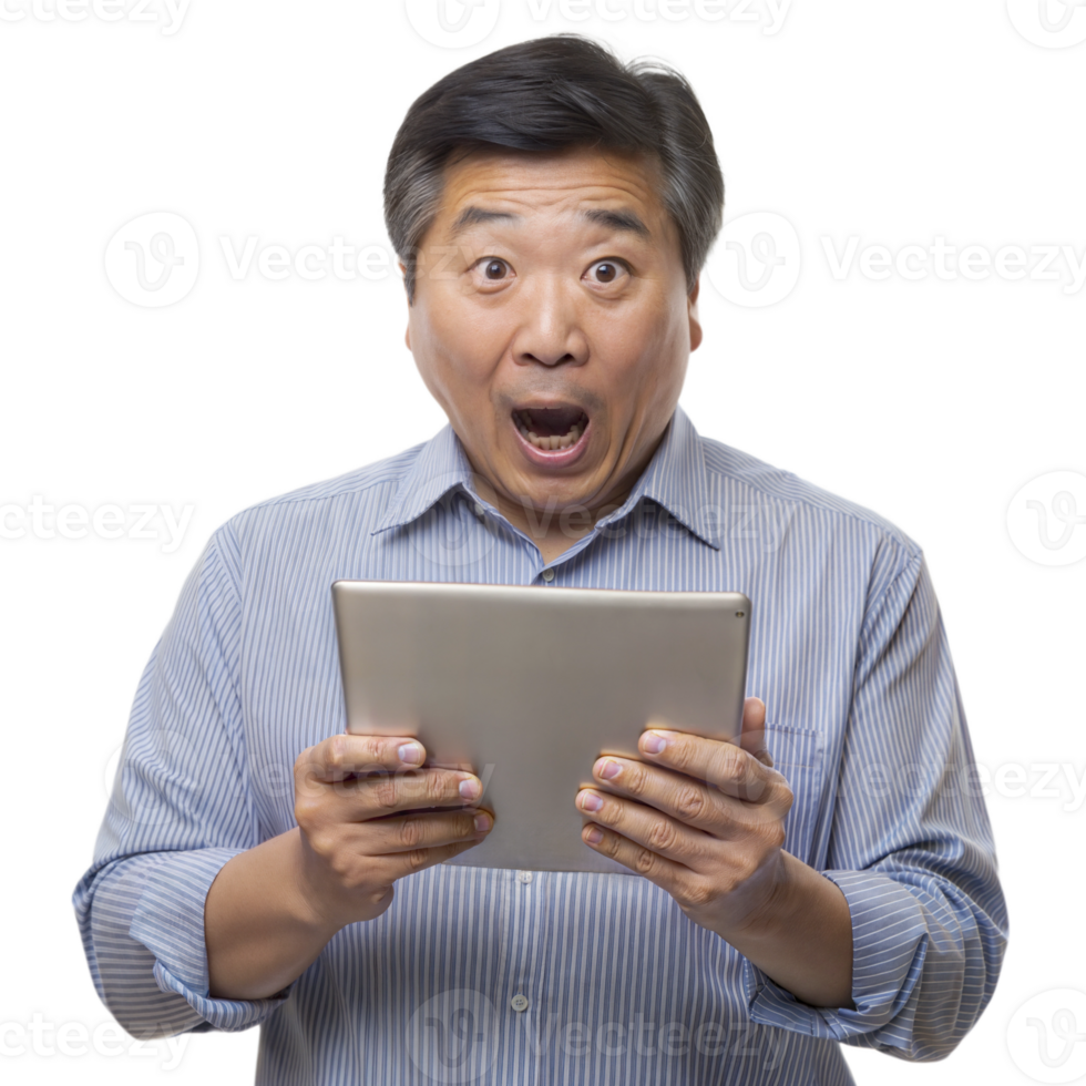 Surprised man holding a tablet, looking astonished on transparent background png