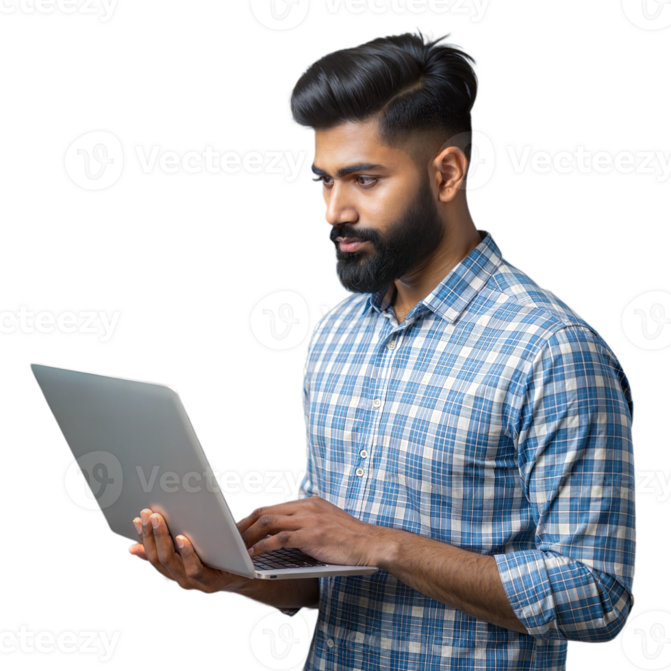 Man with a beard and checkered shirt using a laptop on transparent background png