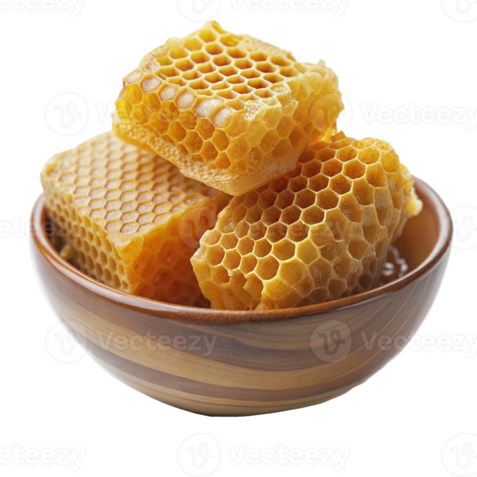 Bowl of fresh honeycomb pieces on a transparent background png