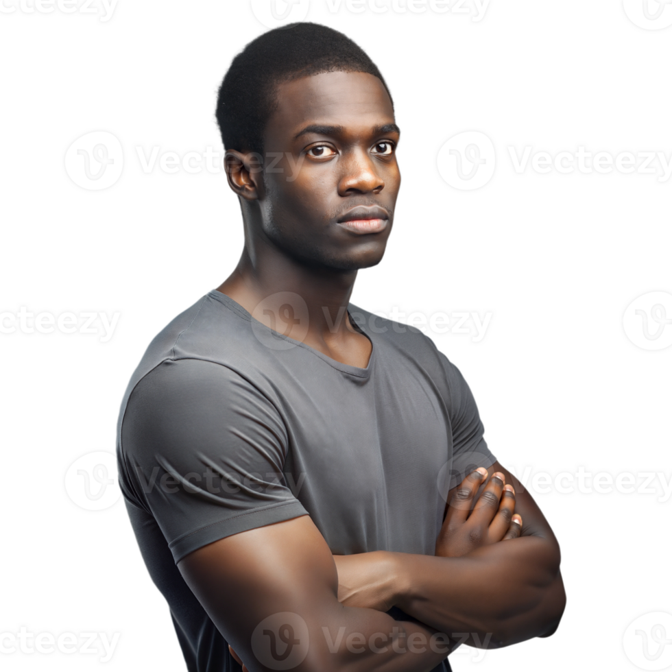 Confident young man with arms crossed, looking resolute on transparent background png