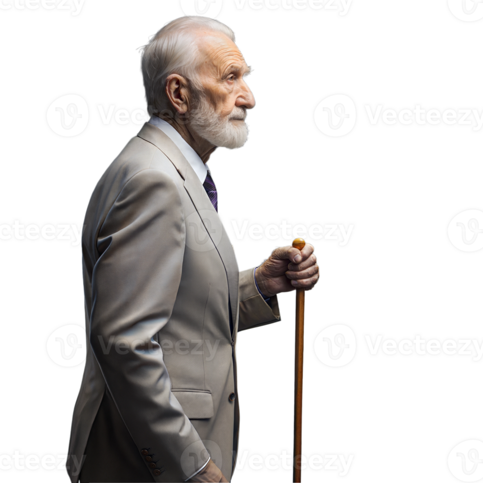 Elderly man in a suit holding a cane, profile view on transparent background png