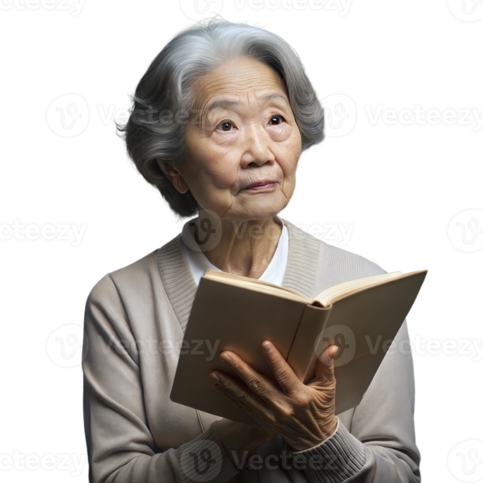 Senior woman with glasses reading a book, looking attentive on transparent background png