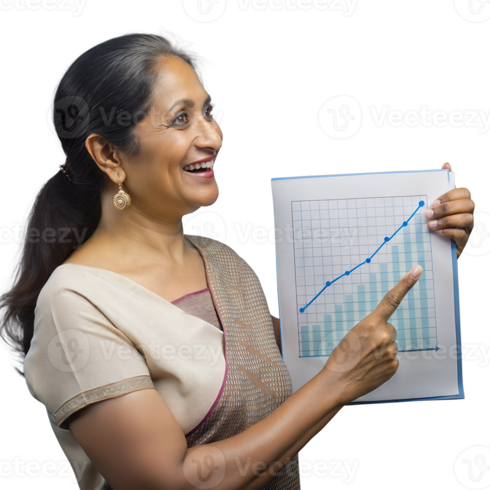 Woman in traditional attire holding a chart, explaining data with a smile on transparent background png