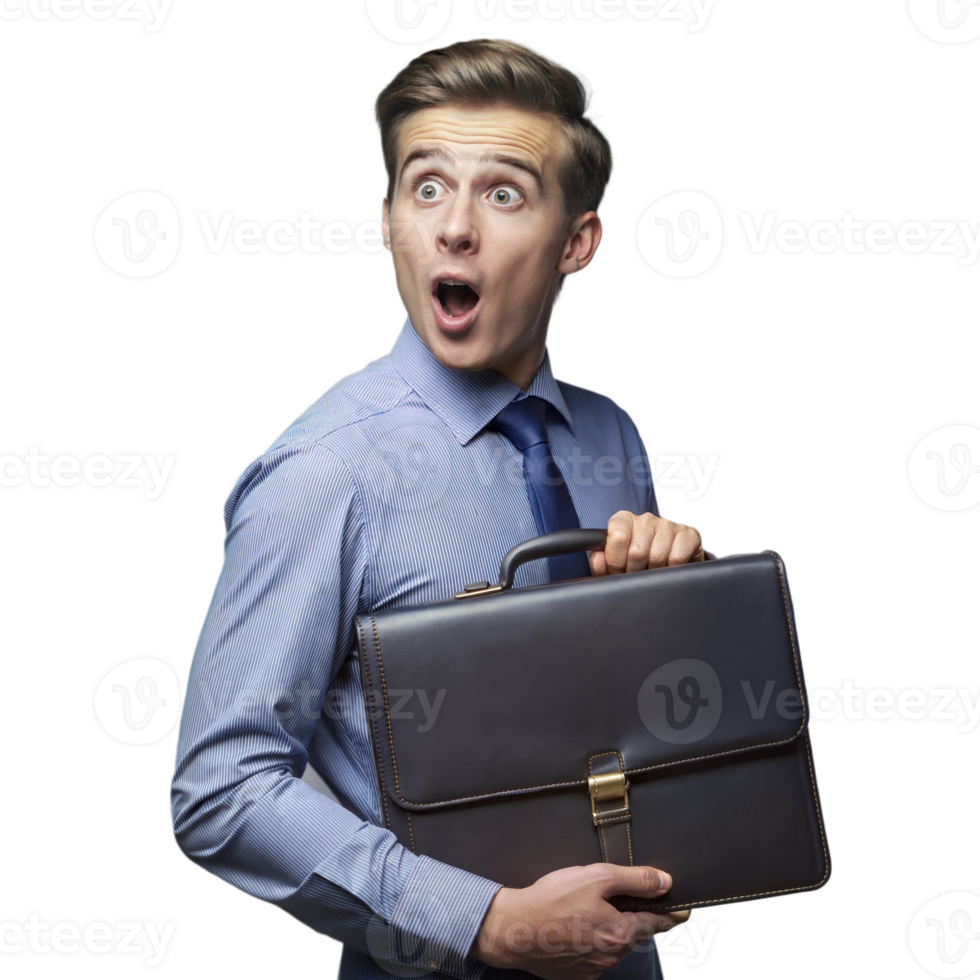 Astonished young man holding a briefcase, looking sideways on transparent background png