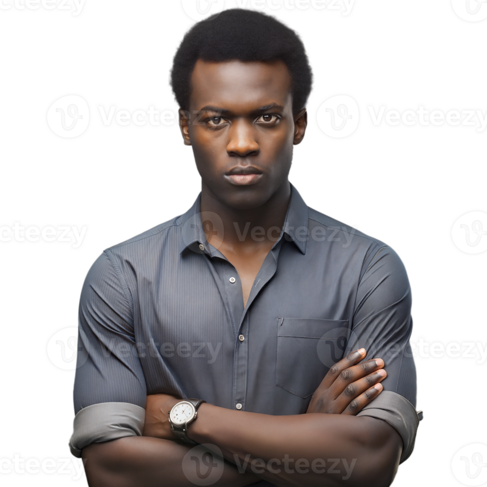 Serious young man with arms crossed, looking determined on transparent background png