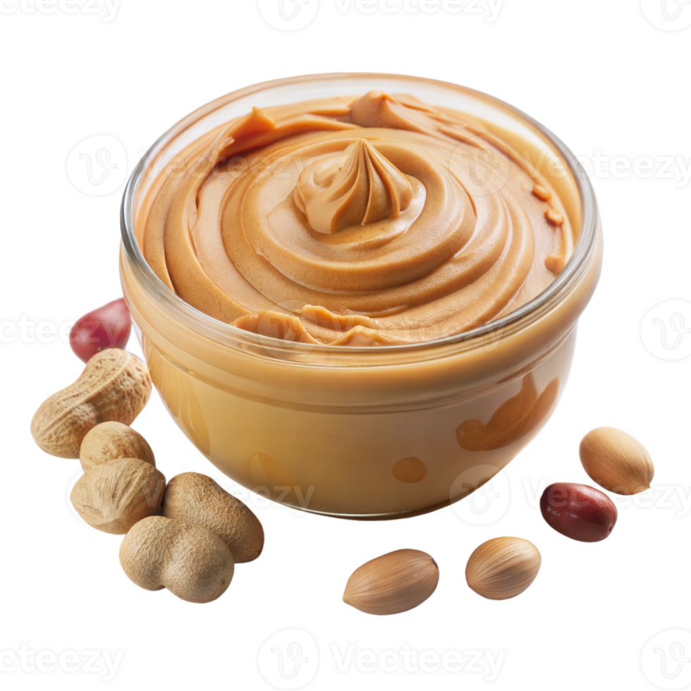 Creamy peanut butter in a jar with scattered peanuts on a transparent background png