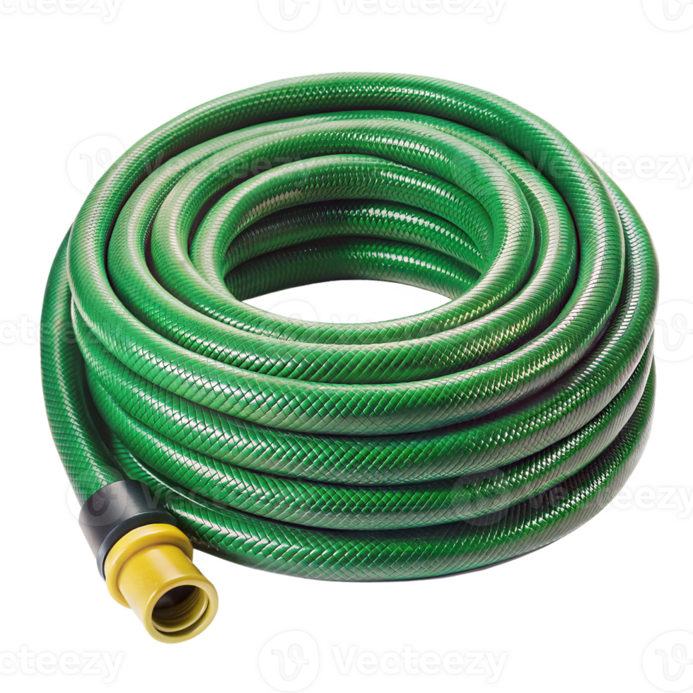 Green garden hose coiled and ready for use on a transparent background png