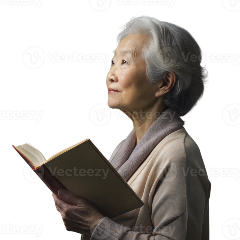 Elderly woman reading a book, profile view with a focused look on transparent background png