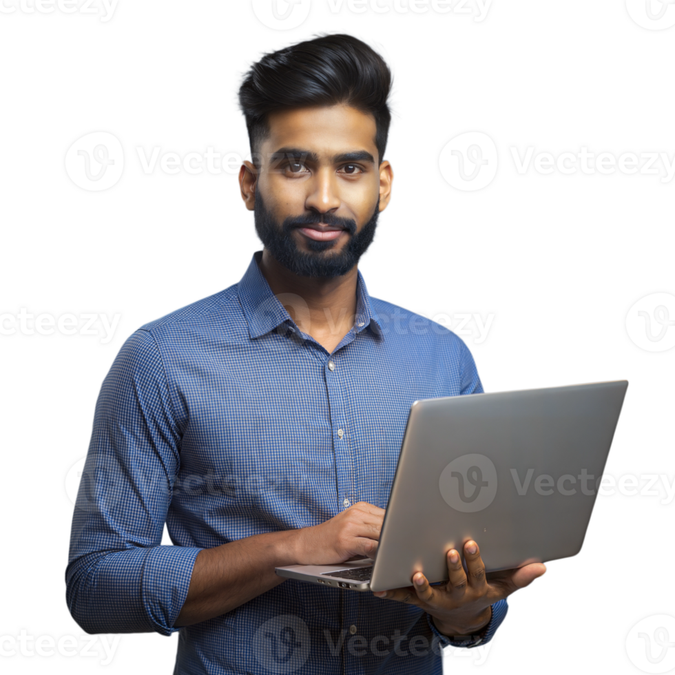 Young man in blue shirt using a laptop, looking confident on transparent background png