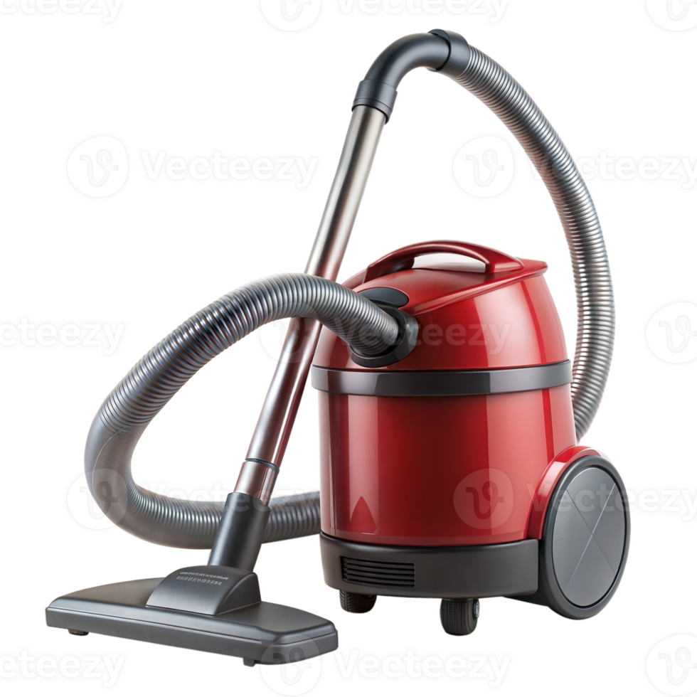 Red vacuum cleaner with a hose on a transparent background png