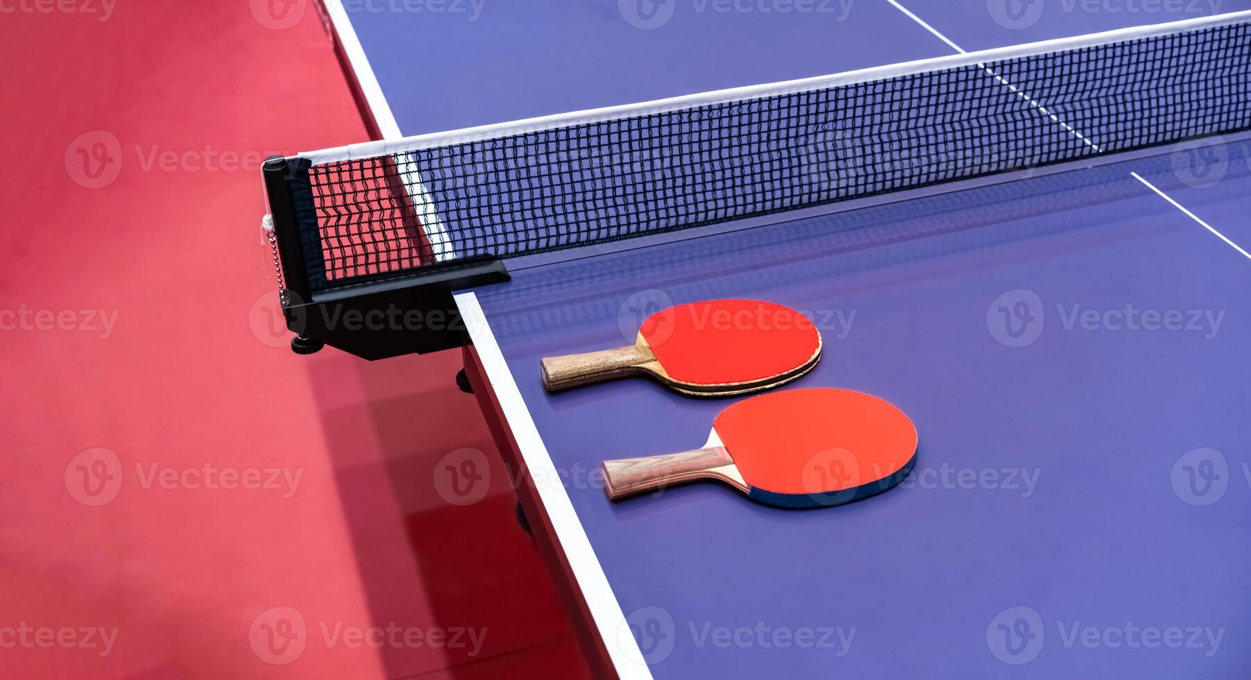Two pingpong table tennis rackets for playing are laid on next to net on the blue table. This is one of ping pong sports equipment for players. photo