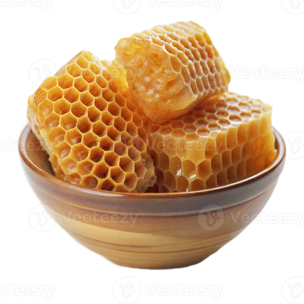 Bowl of fresh honeycomb pieces on a transparent background png