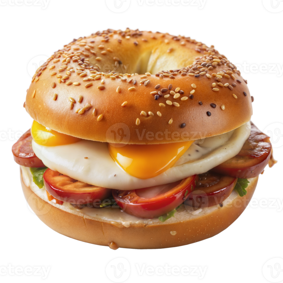 Delicious breakfast bagel sandwich with eggs and tomatoes on a transparent background png