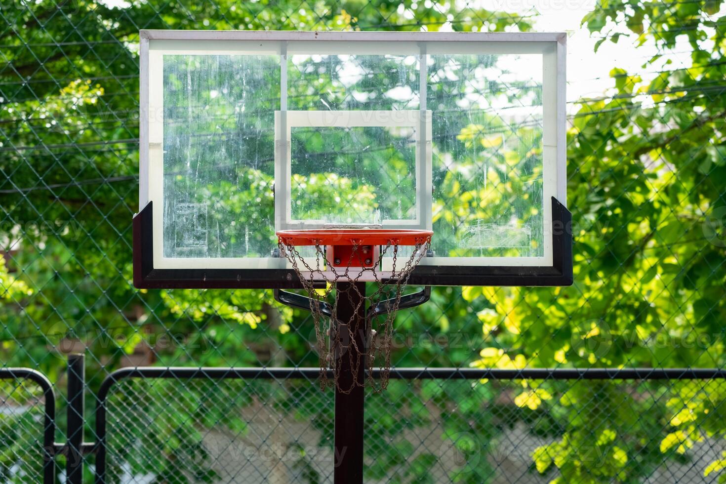 basketball backboard is translucent that the green trees in the background can be seen. photo