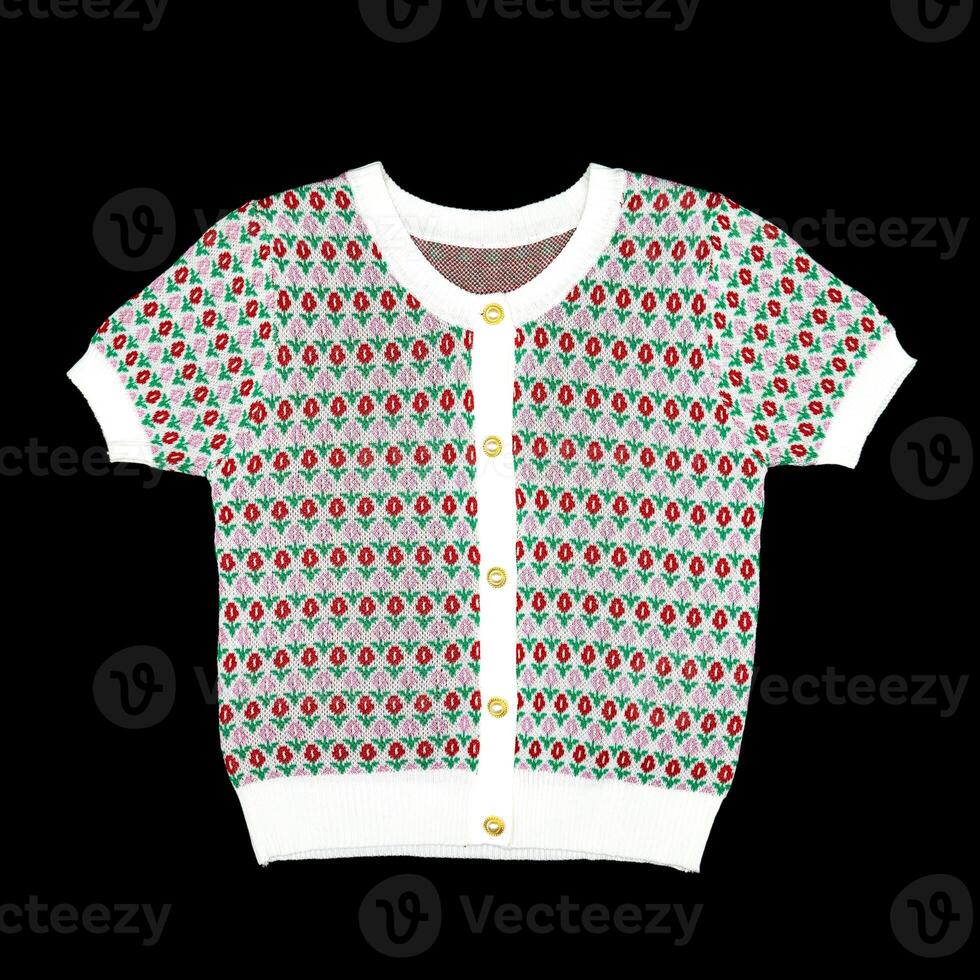 flat White knitwear sweater tshirt shape on black background with studio light. Clipping Paths. photo