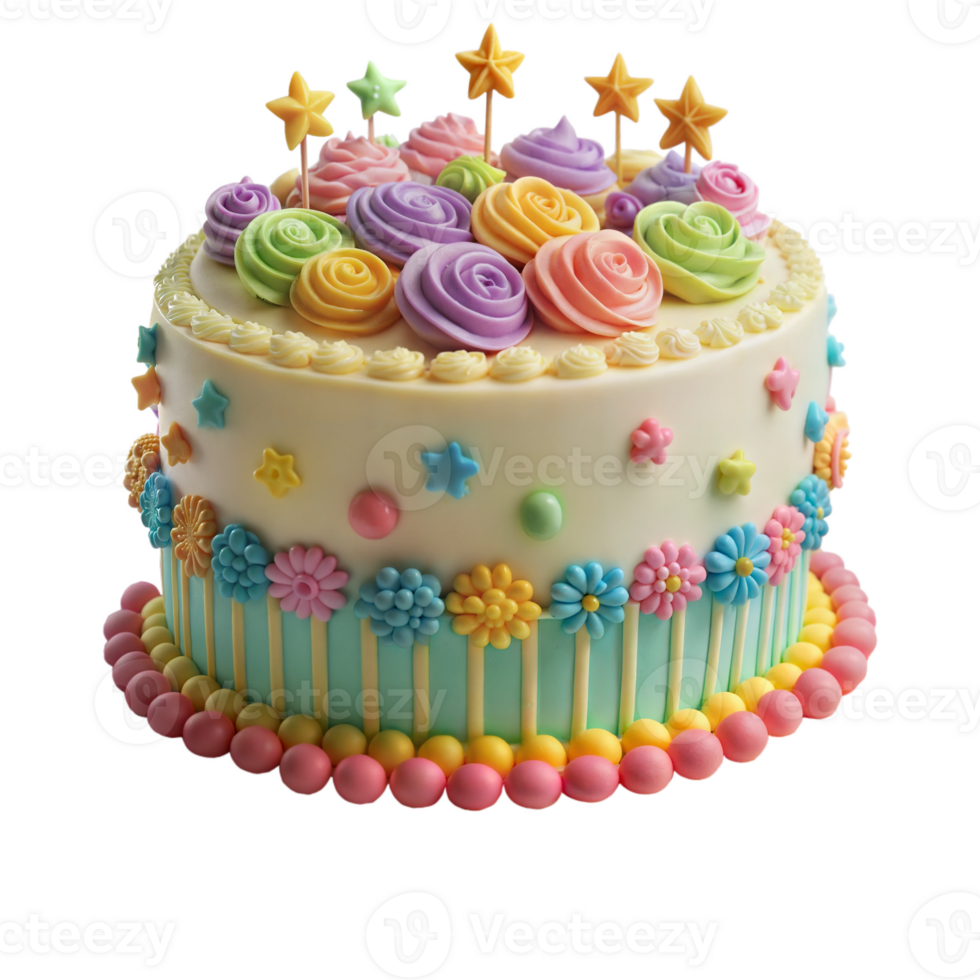 Birthday cake adorned with candles, frosting, and sprinkles, colorful and festive, isolated on a transparent background. png
