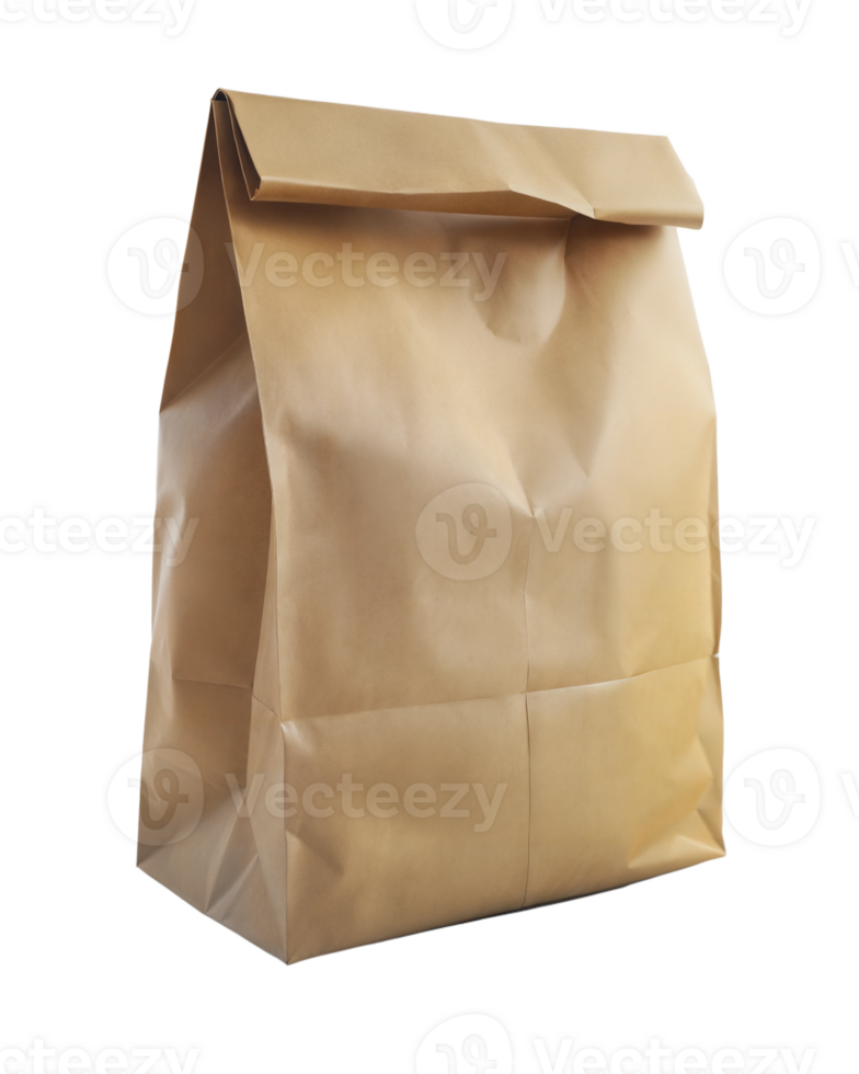 Brown paper lunch bag standing upright, closed at the top, on a transparent background. png