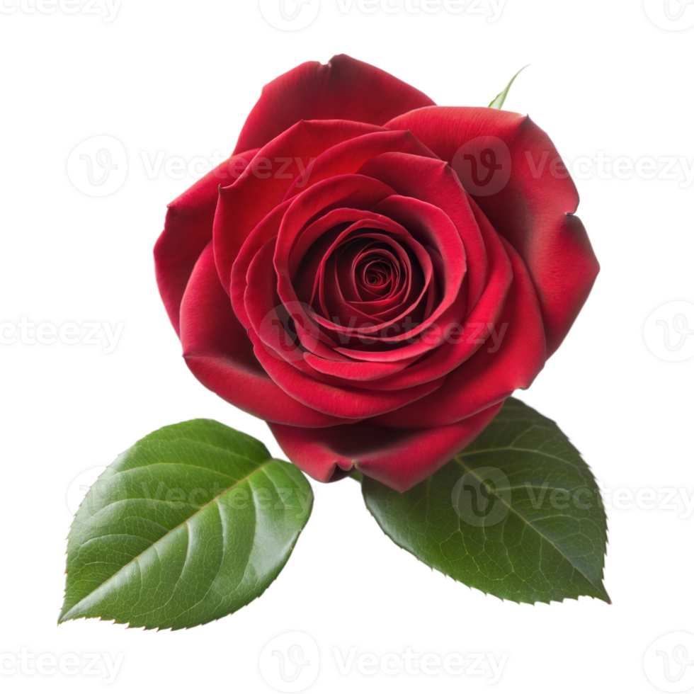 Close-up of a blooming red rose with green leaves on a transparent background png