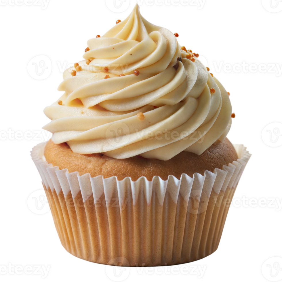 Close-up of a vanilla cupcake with swirled frosting and colorful sprinkles, in a white wrapper, on a transparent background. png