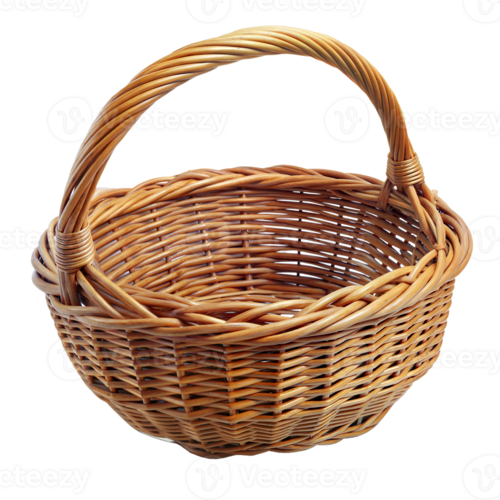 Empty wicker basket with a sturdy handle, isolated on a transparent background. png