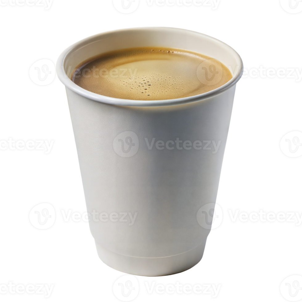 Cup of coffee with a light brown frothy top, in a disposable white cup, on a transparent background. png