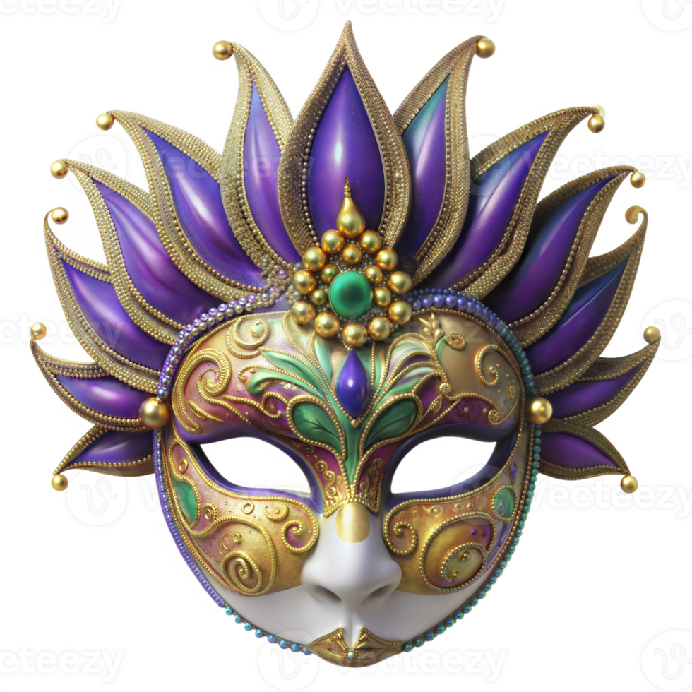 Colorful Venetian carnival mask with intricate designs, feathers, and jewels, isolated on a transparent background. png