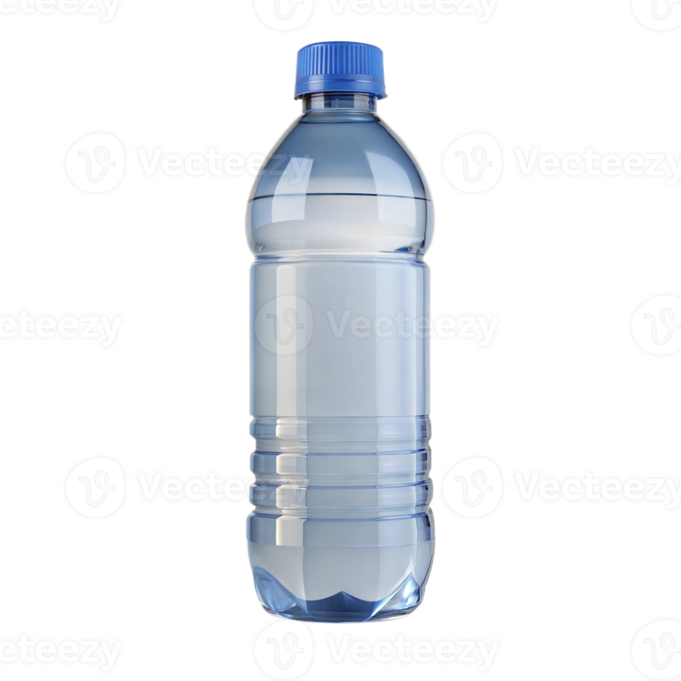 Clear plastic water bottle with a blue cap, half-filled, isolated on a transparent background. png