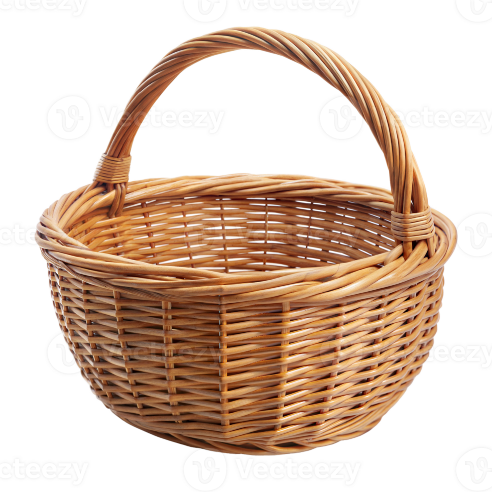 Handcrafted wicker basket with a curved handle, isolated on a transparent background. png