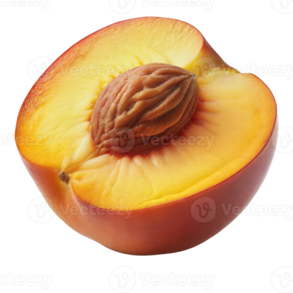 Halved peach with the pit exposed, showing juicy flesh and texture, isolated on a transparent background. png