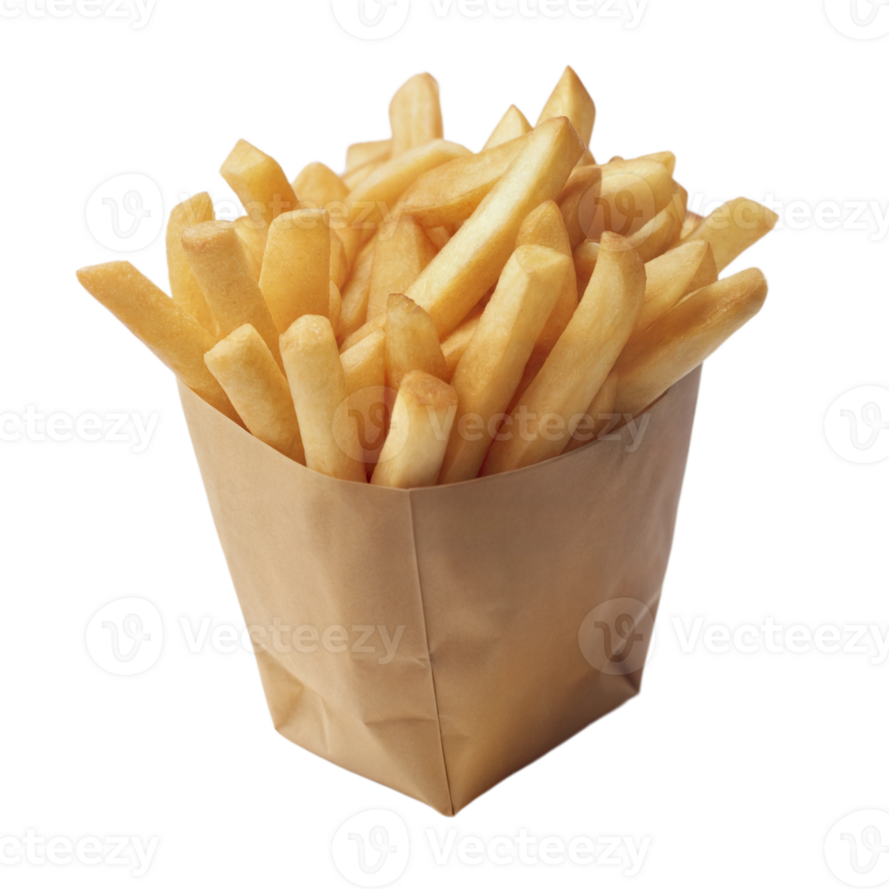 Container of freshly cooked French fries, isolated on a transparent background. png