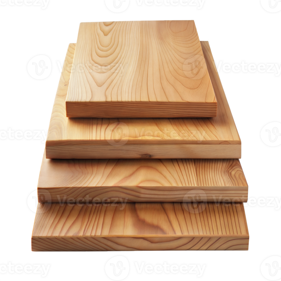 Stack of four wooden cutting boards, showcasing different sizes, isolated on a transparent background. png