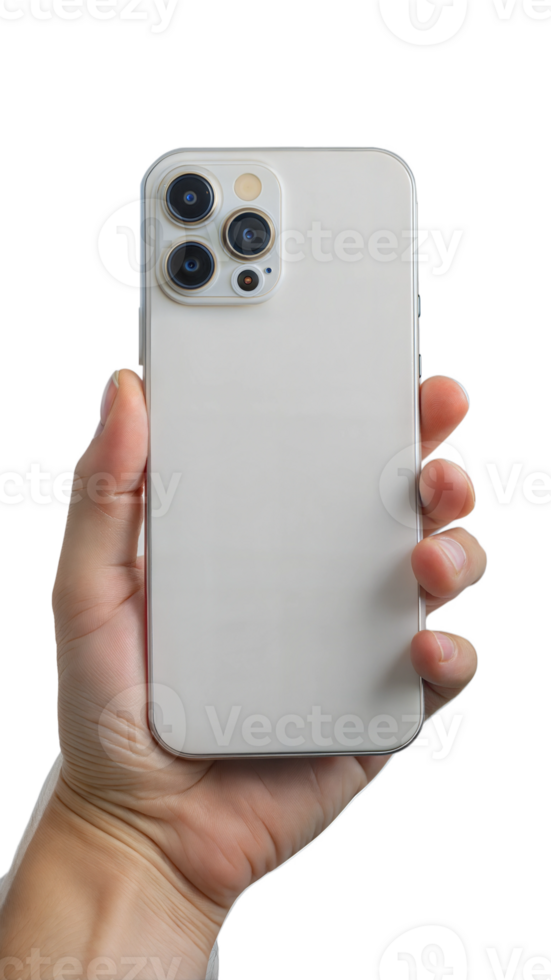 Hand holding a modern smartphone with a white case, displaying the back camera and sleek design against a transparent background. png