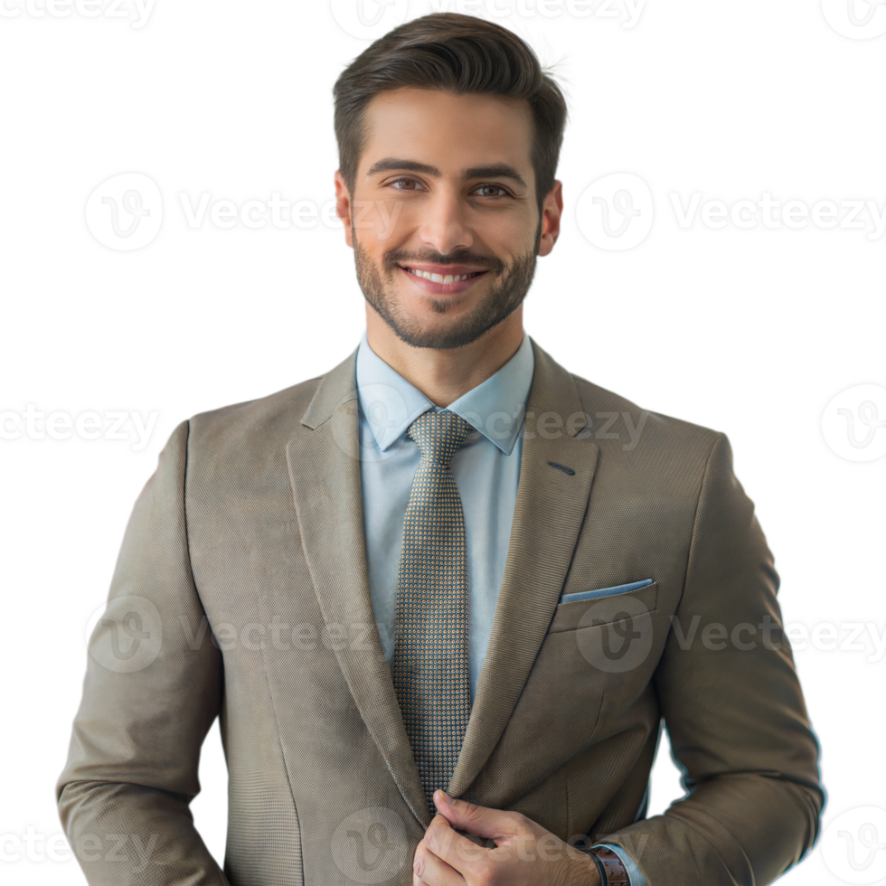 Smiling man in a light brown suit with a blue tie and white shirt, hands clasped confidently, against a transparent background. png