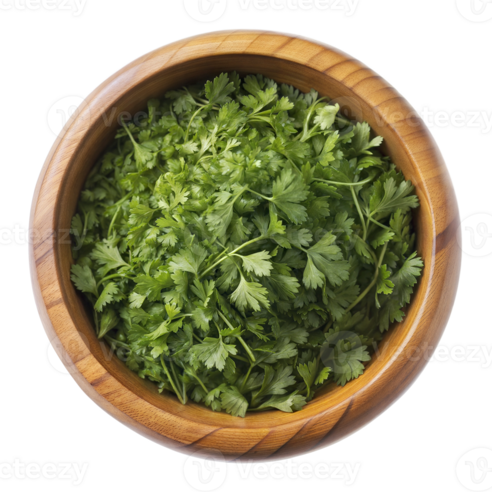 Top view of a bowl containing freshly chopped green parsley leaves, isolated on a transparent background. png