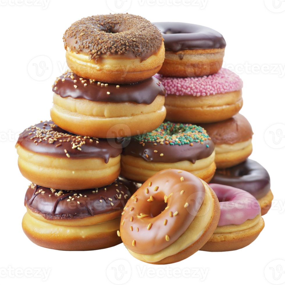 Pile of colorful donuts with different toppings, isolated on a transparent background. png