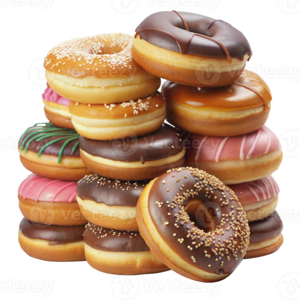 Stack of assorted colorful donuts with various toppings, isolated on a transparent background. png