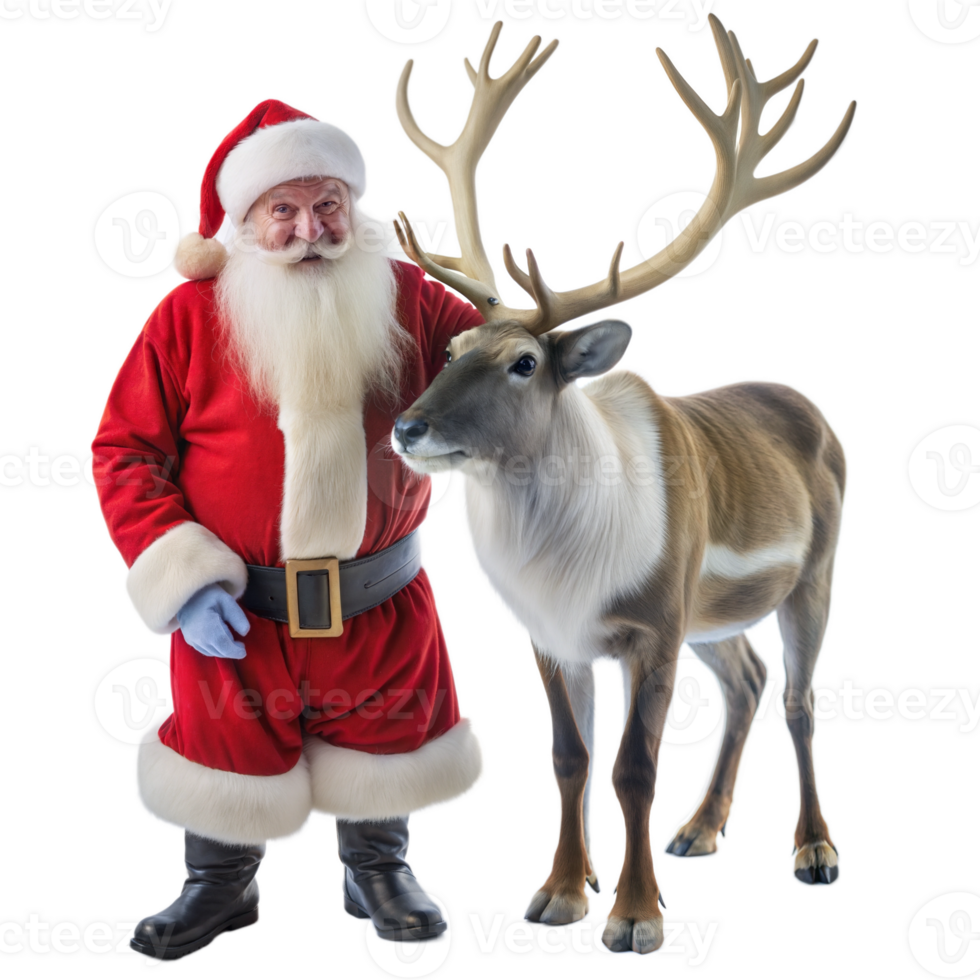Santa Claus standing with a reindeer in a festive holiday setting png