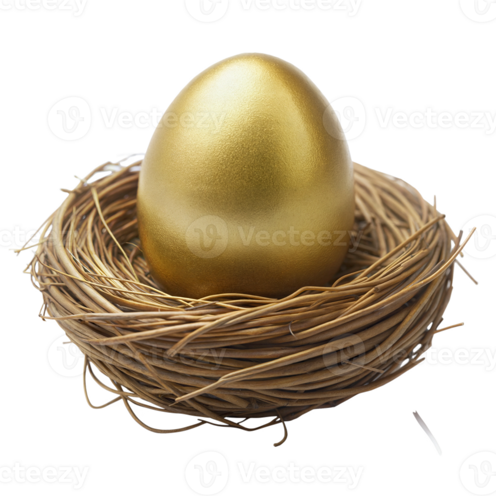 Nest holding a golden egg, representing wealth and success, isolated on a transparent background. png
