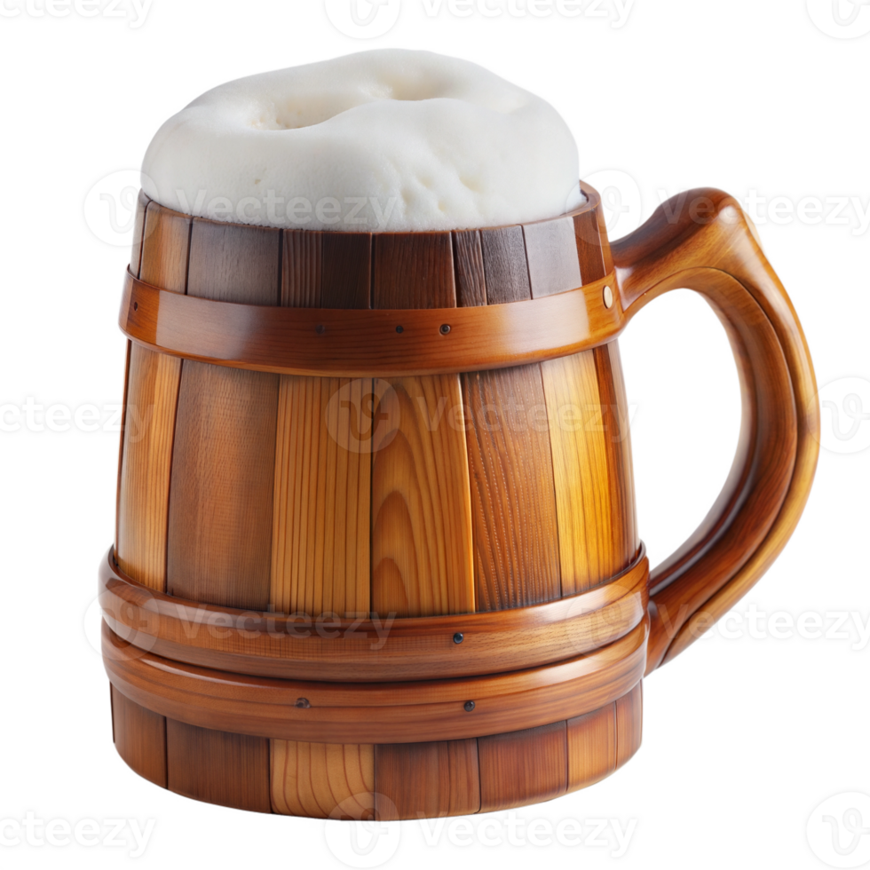 Wooden beer mug filled with frothy beer, isolated on a transparent background. png