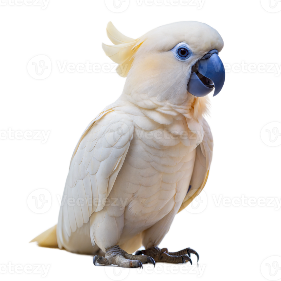 Cockatoo with white feathers and a raised crest, perched and looking sideways, isolated on a transparent background. png