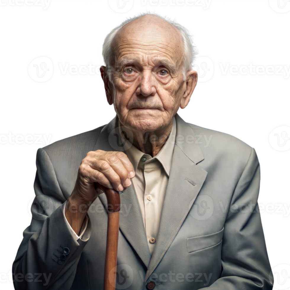 Elderly man in a suit holding a cane with a serious expression on transparent background png