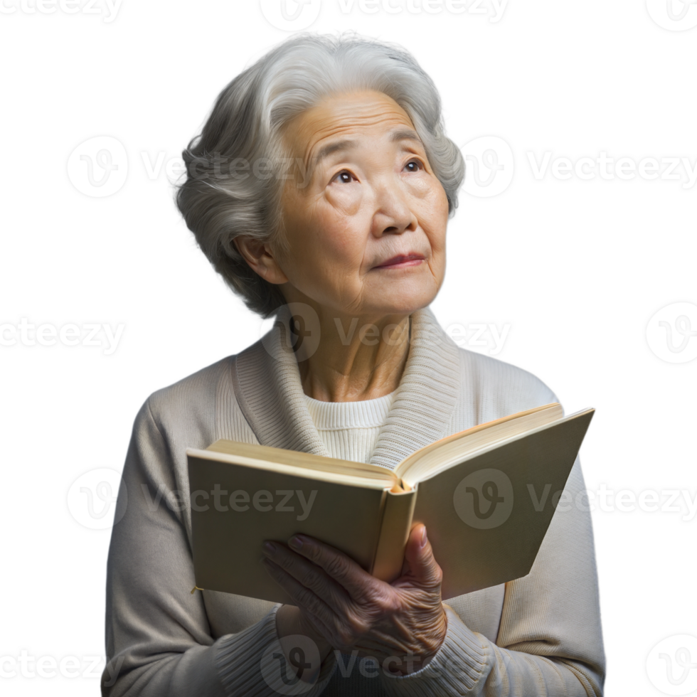 Elderly woman reading a book with a thoughtful expression on transparent background png