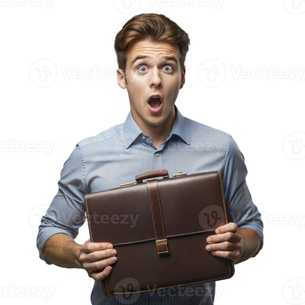 Surprised young man holding a briefcase, looking astonished on transparent background png