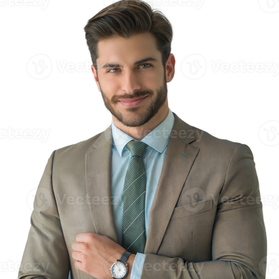 Confident man in a light brown suit with a blue tie and white shirt, hands clasped, smiling slightly, on transparent background. png